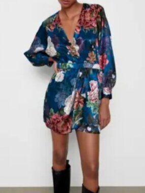 Zara Blue Floral Puff Sleeve Romper Sz S